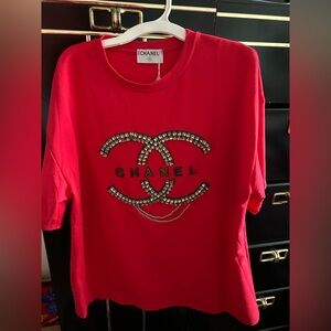 Chanel Inspired Vibrant Red Tee with Logo Accents.